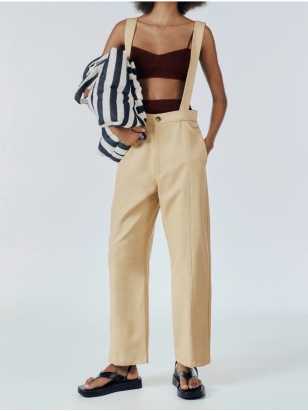 NWT ZARA Pants with Suspenders Tan Cream XS